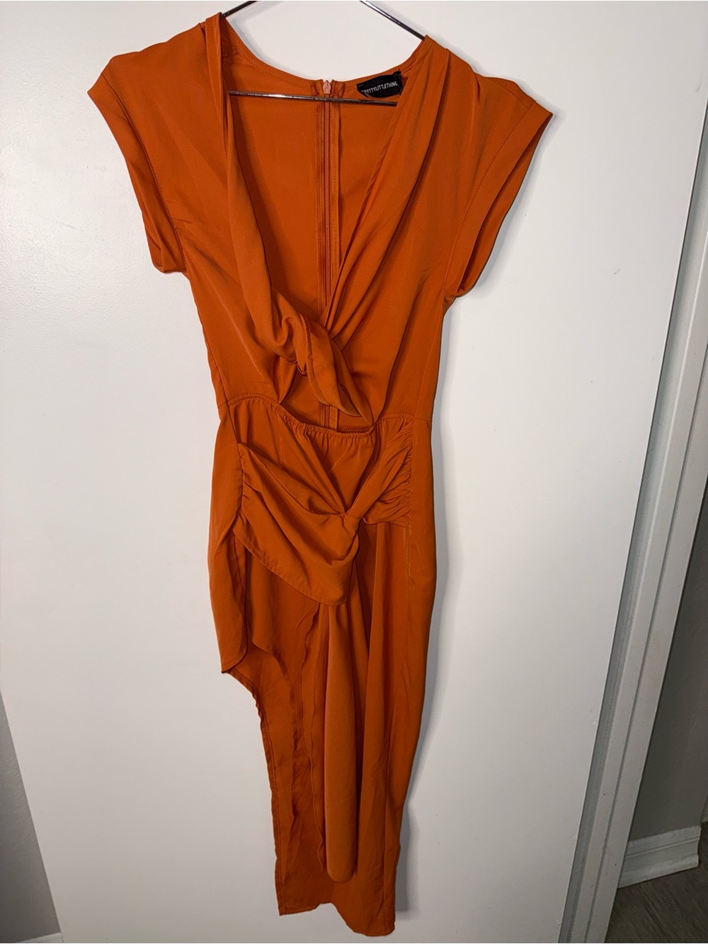 PrettyLittleThing Burnt Orange Twist Front Ruched Midi Cocktail Dress Fall Color